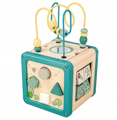 Drewniana Kostka Edukacyjna 5w1 - Sensoryczny Activity Cube dla Dzieci 18m+