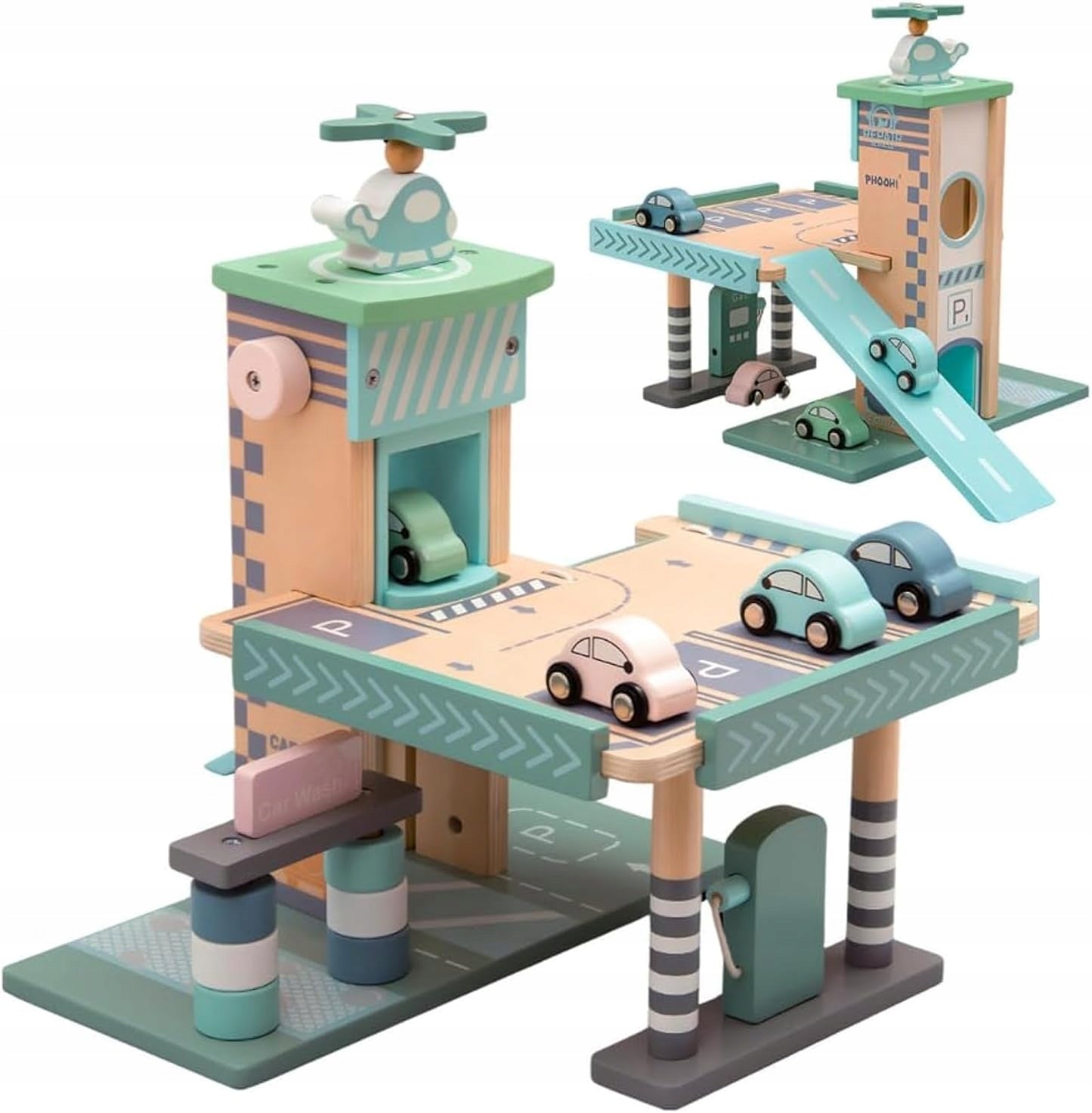 Drewniany Parking Piętrowy Garaż, Winda i Stacją zabawka dla dzieci prezent