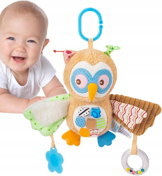 Plush sensory owl stroller toy with rattle and teether