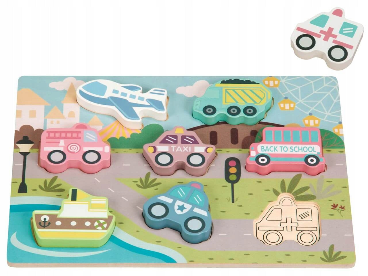 PUZZLE DREWNIANE UKŁADANKA POJAZDY PASTELOWE zabawki Montessori dla dzieci