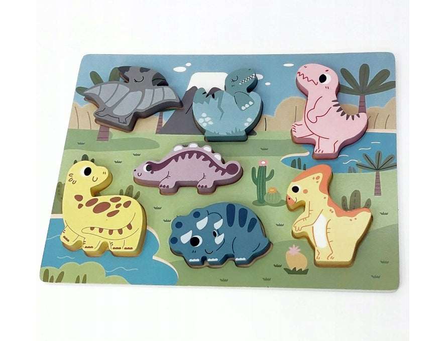 PUZZLE DREWNIANE UKŁADANKA DINOZAURY PASTELOWE zabawki dla dzieci, prezent