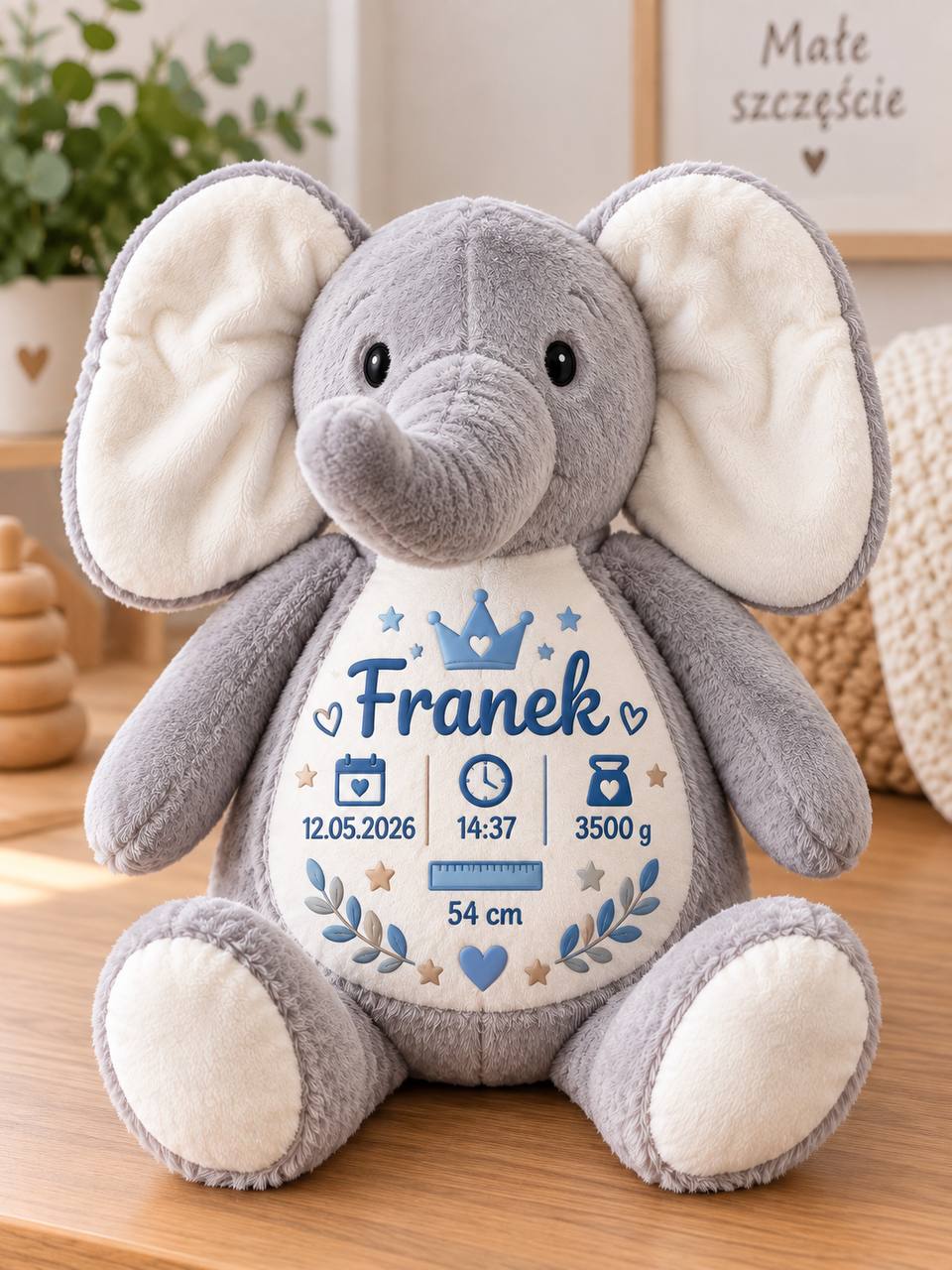 Personalised Plush Elephant with Name and Birth Details – Christening Soft Toy