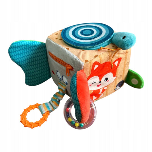 Soft Montessori sensory cube with a fox, teethers and rings – a gift idea for a baby