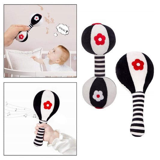 Black-and-white high-contrast rattles for newborns with a red flower