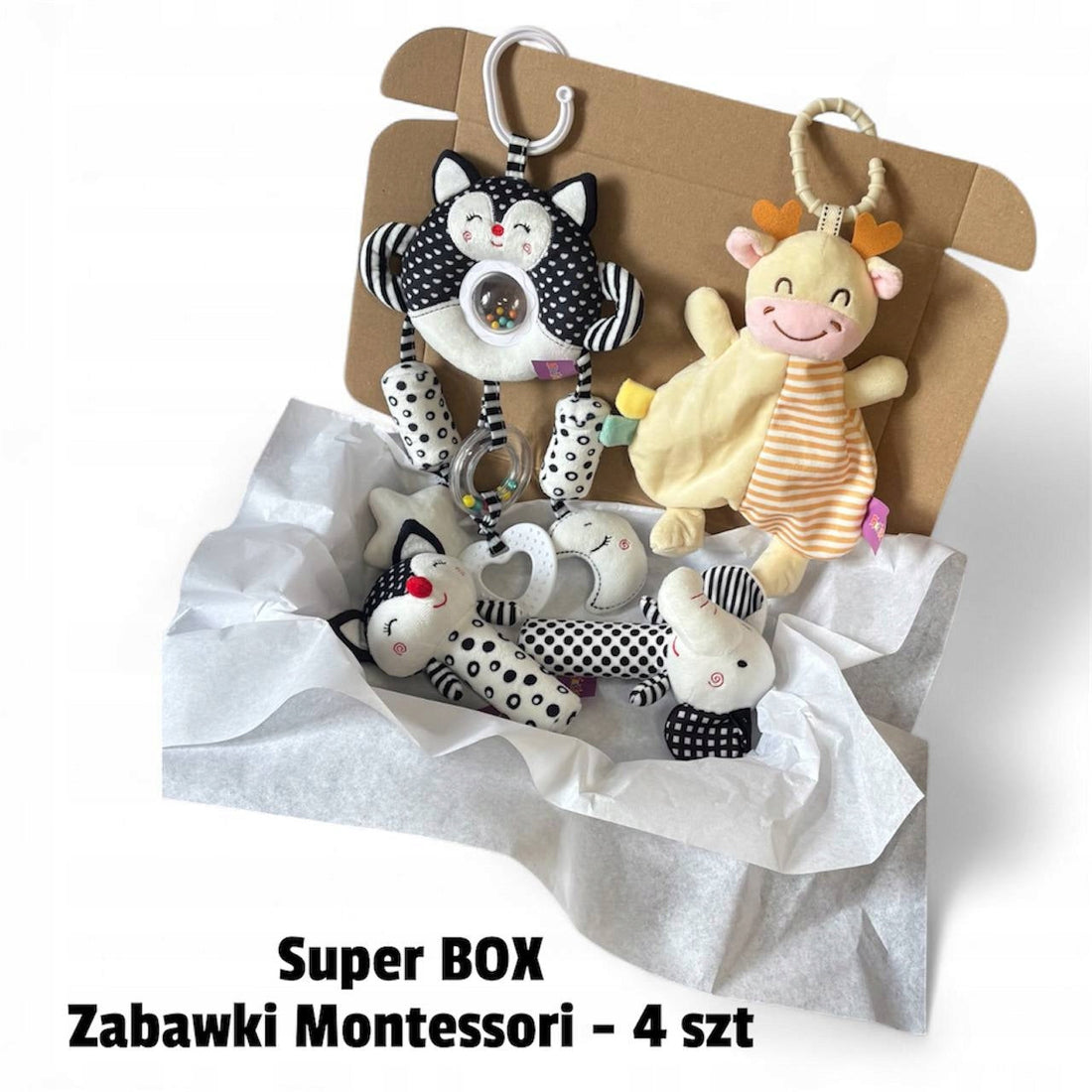 Zestaw Black&White – 4 kontrastowe zabawki dla niemowląt w pudełku – pomysł na prezent na święta