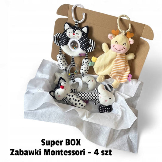 Zestaw Black&White – 4 kontrastowe zabawki dla niemowląt w pudełku – pomysł na prezent na święta