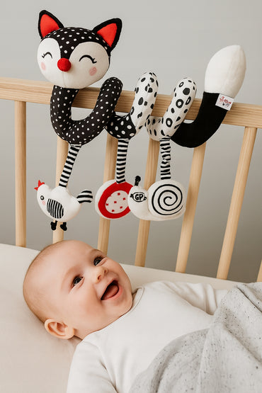 High-contrast black-and-white little fox activity spiral for pram and cot – photo 2