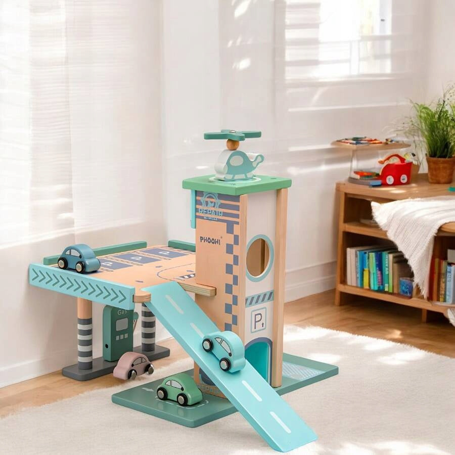 Drewniany Parking Piętrowy Garaż, Winda i Stacją zabawka dla dzieci prezent