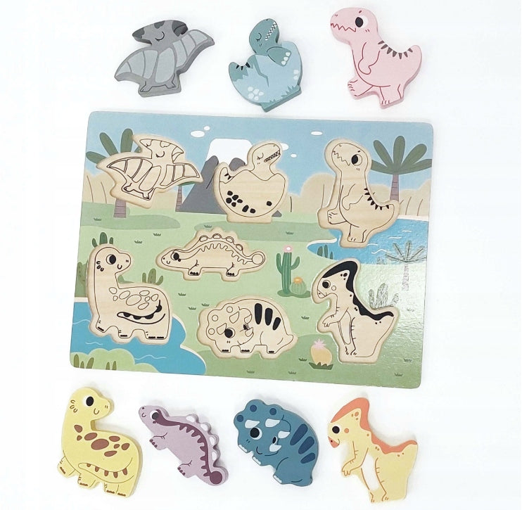 PUZZLE DREWNIANE UKŁADANKA DINOZAURY PASTELOWE zabawki dla dzieci, prezent