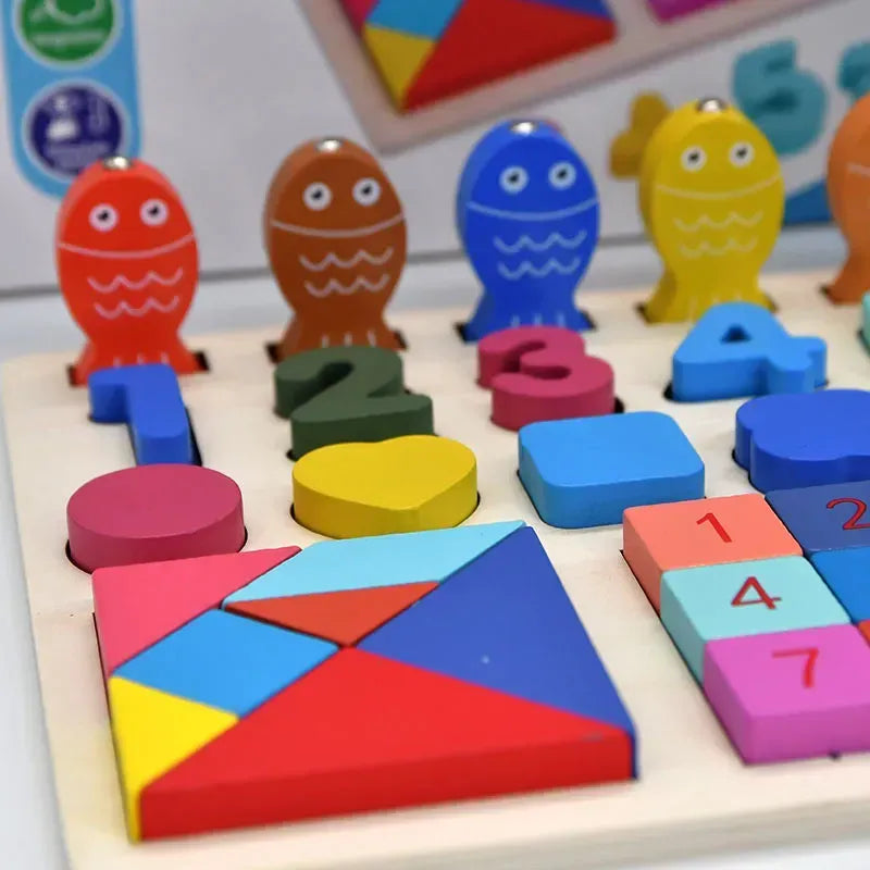 Montessori-Holzbrett Mathematik mit Ziffern, Fischen und Formensortierer – Foto 3