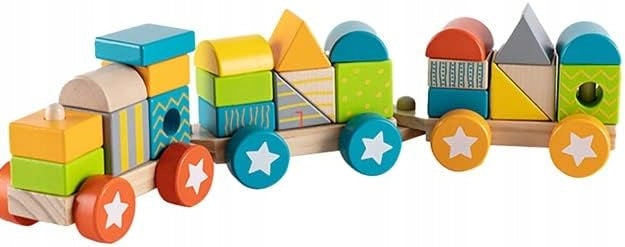 Drewniany Pociąg z Klockami 3w1 - Lokomotywa Edukacyjna Układanka, Sorter