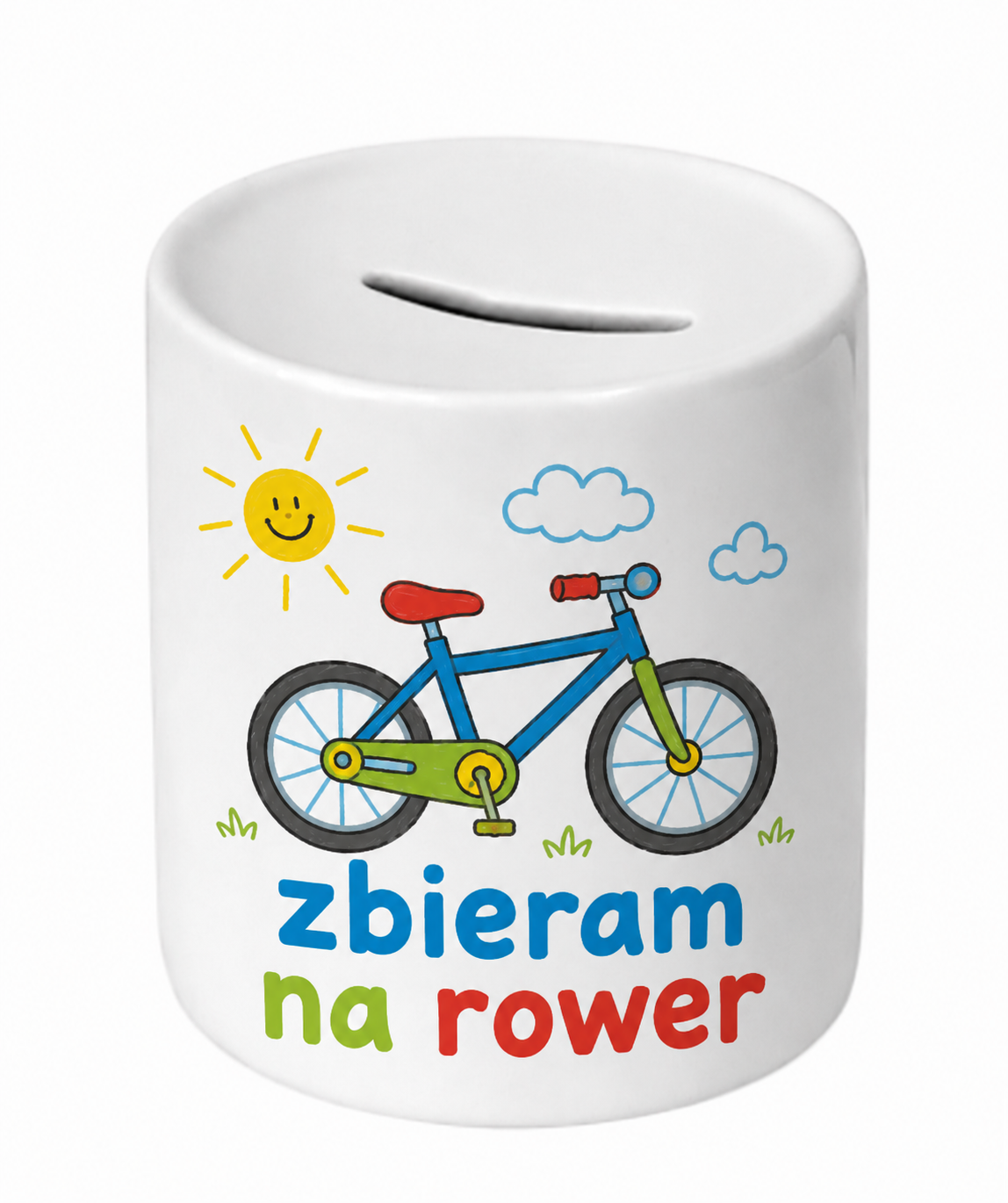 Skarbonka ceramiczna z nadrukiem – zbieram na rower