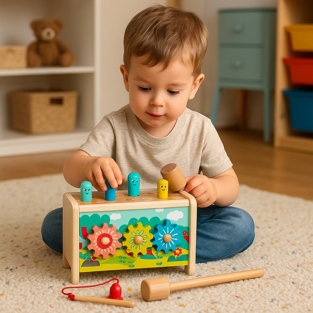 Holz-Lernspielzeug 3-in-1 mit Zahnrädern, Hammer und Angel – Foto 4