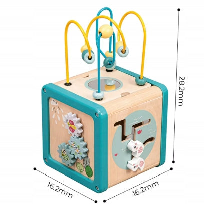 Drewniana Kostka Edukacyjna 5w1 - Sensoryczny Activity Cube dla Dzieci 18m+