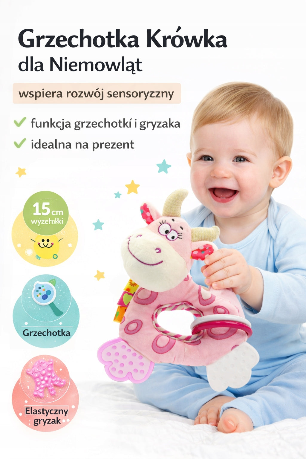 Grzechotka Krówka sensoryczna dla niemowląt Pluszowa zabawka z gryzakiem 0+