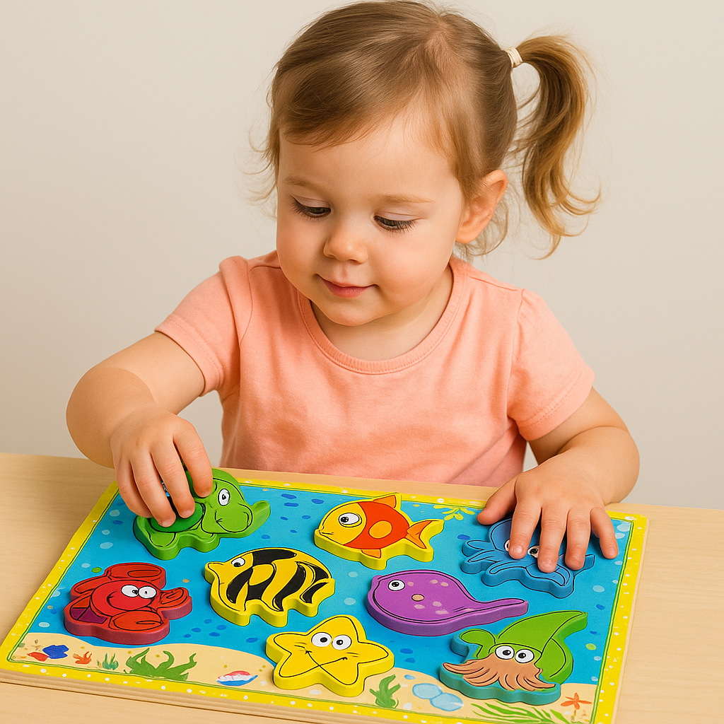 Drewniana układanka puzzle – zwierzęta morskie zabawka na prezent