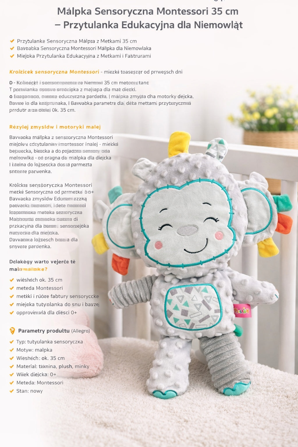 Małpka Sensoryczna Montessori - Przytulanka Edukacyjna dla Niemowląt 0+