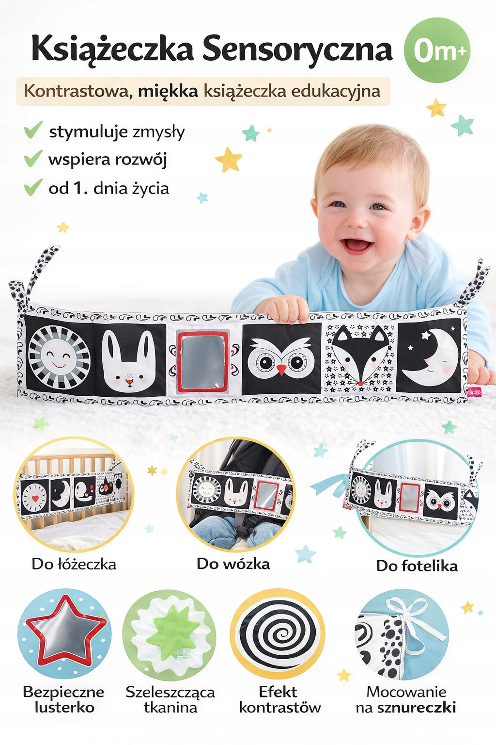 High-contrast sensory book with a mirror for the cot – photo 2