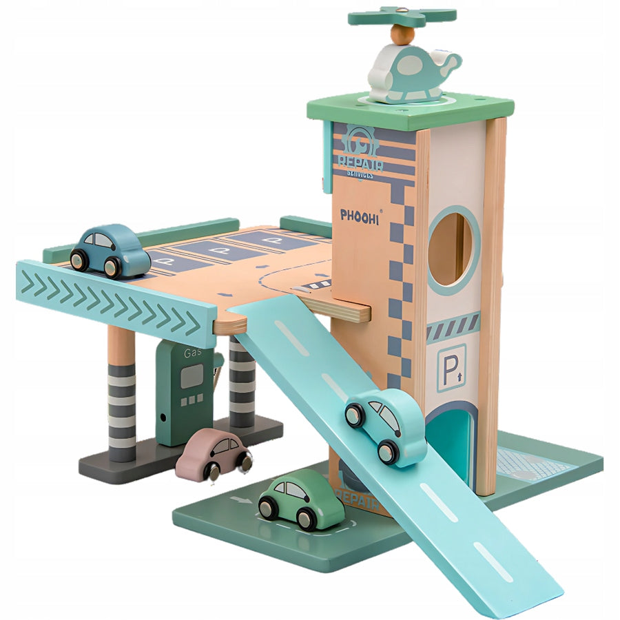 Drewniany Parking Piętrowy Garaż, Winda i Stacją zabawka dla dzieci prezent