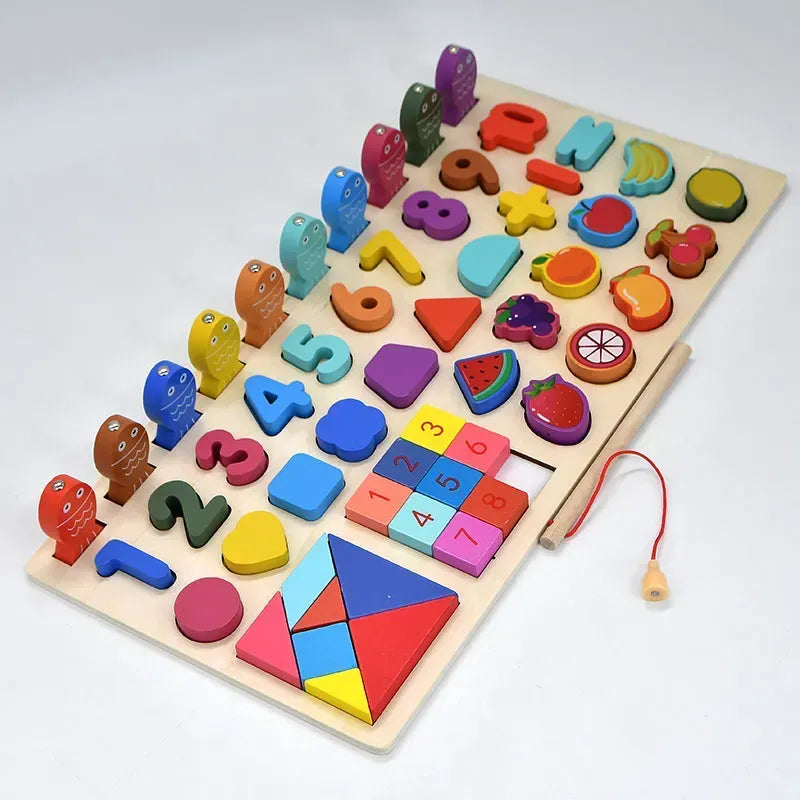 Montessori-Holzbrett Mathematik mit Ziffern, Fischen und Formensortierer