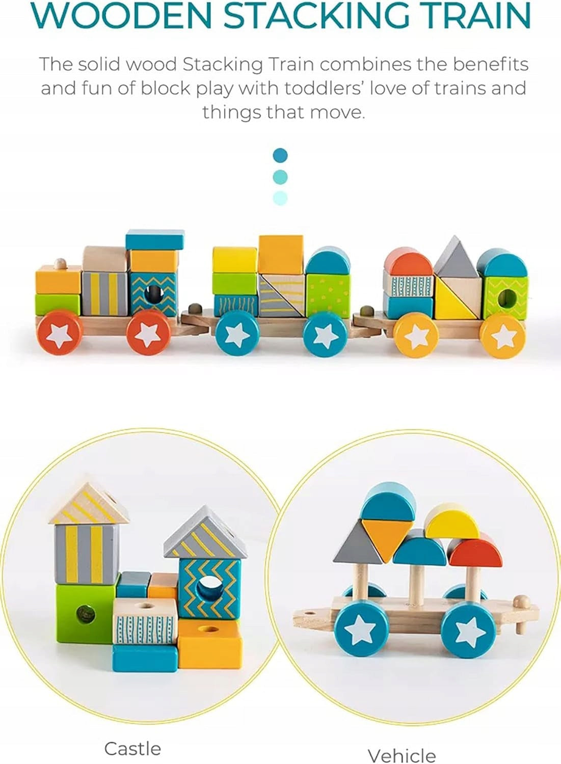 Drewniany Pociąg z Klockami 3w1 - Lokomotywa Edukacyjna Układanka, Sorter