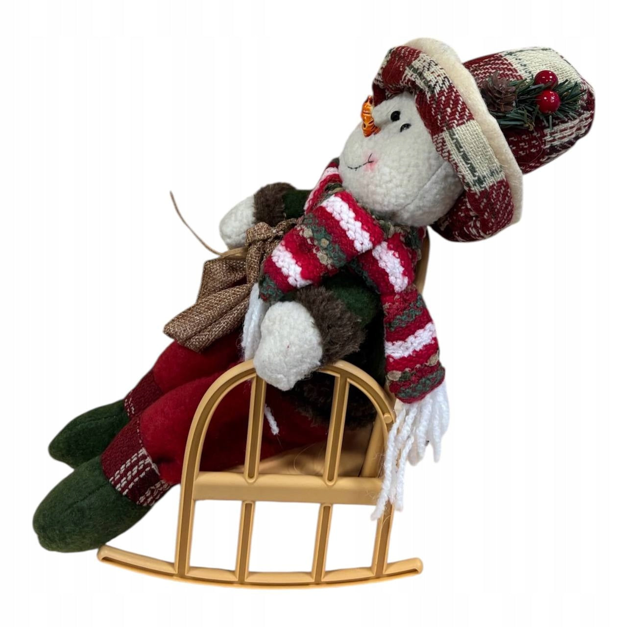 Pluszowa figurka Bałwan śniegowy w bujanym fotelu świąteczna dekoracja