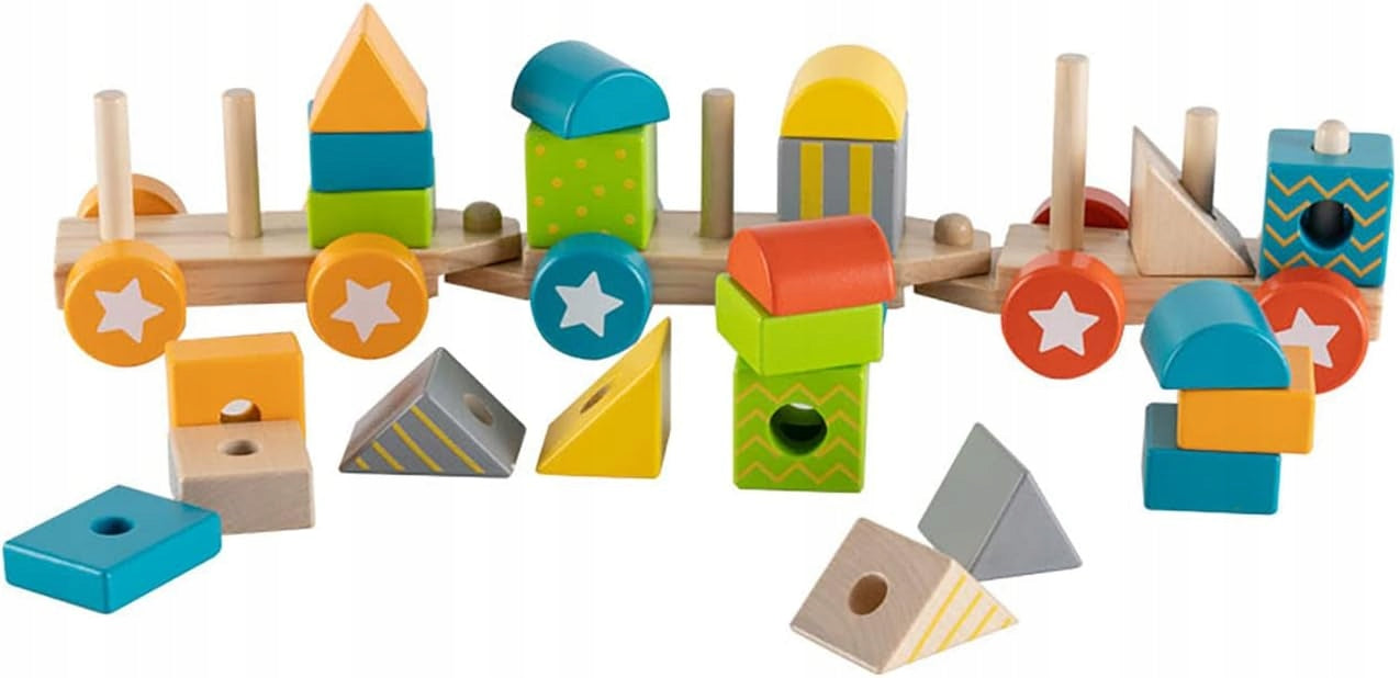 Drewniany Pociąg z Klockami 3w1 - Lokomotywa Edukacyjna Układanka, Sorter