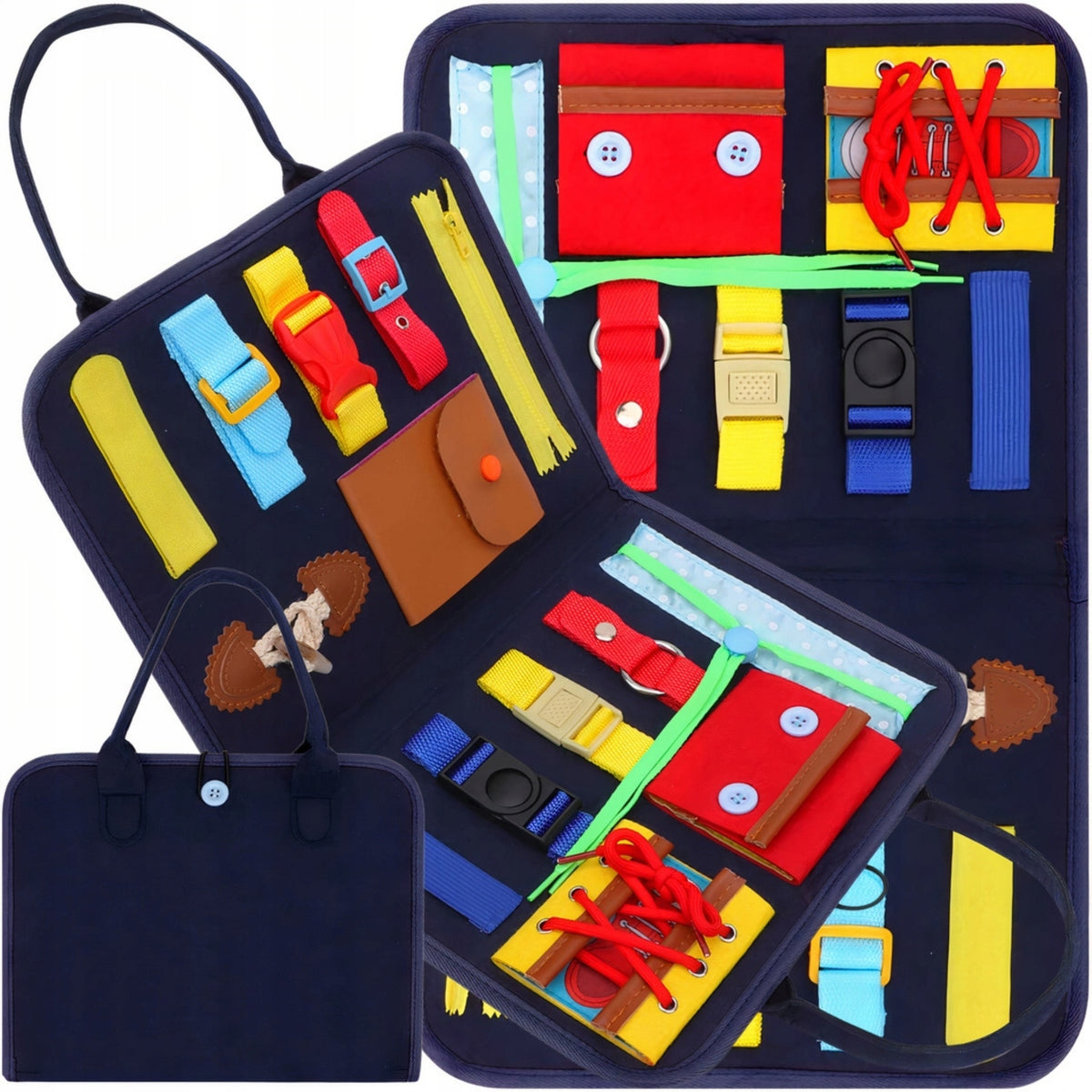 Felt busy board shaped like a handbag with 14 fasteners