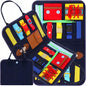 Felt busy board shaped like a handbag with 14 fasteners