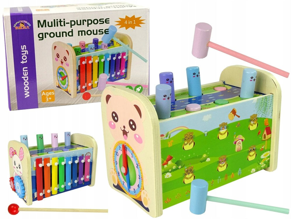 Wooden 4-in-1 toy with xylophone, gears and clock