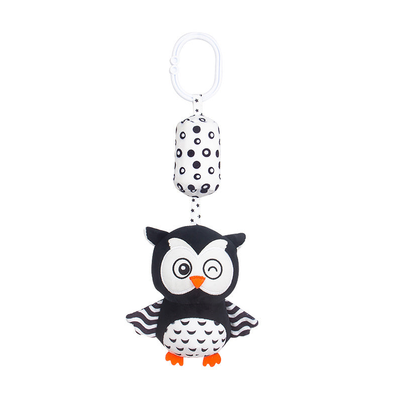 Black-and-white educational owl stroller toy with rattle