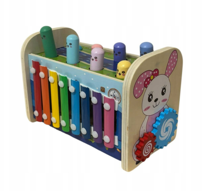 Wooden 4-in-1 toy with xylophone, gears and clock – photo 3