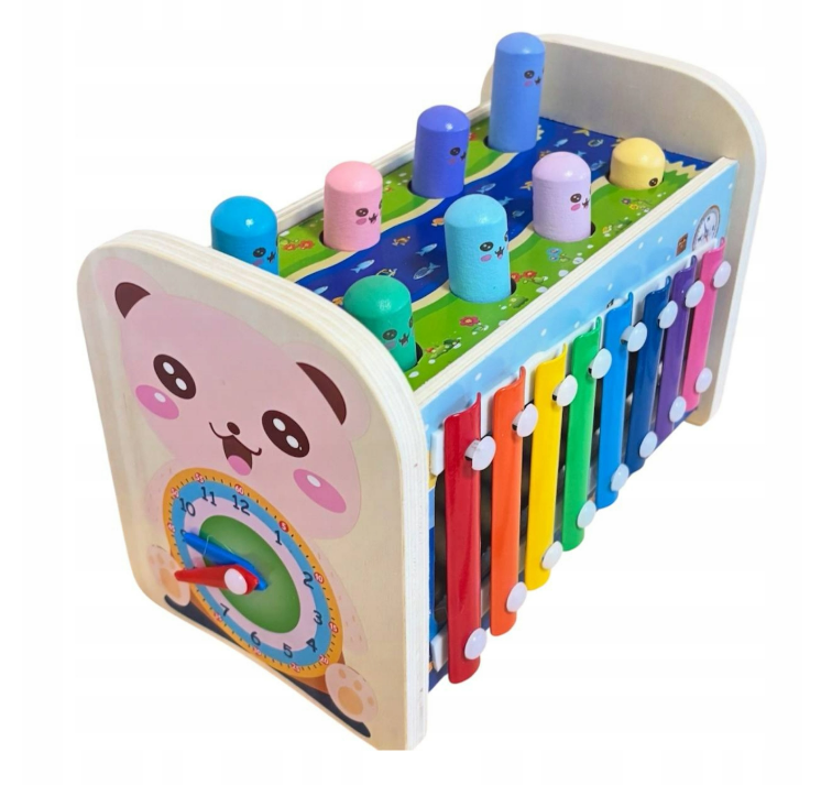 Wooden 4-in-1 toy with xylophone, gears and clock – photo 2