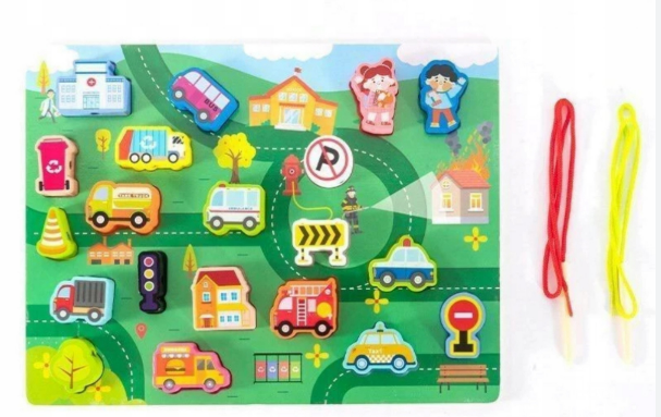 Wooden lacing toy with vehicles and a city-themed board – photo 4