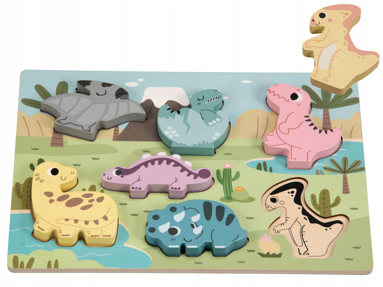 PUZZLE DREWNIANE UKŁADANKA DINOZAURY PASTELOWE zabawki dla dzieci, prezent