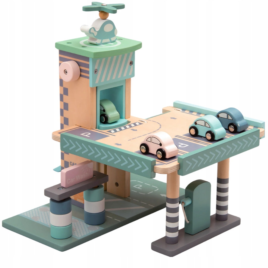 Drewniany Parking Piętrowy Garaż, Winda i Stacją zabawka dla dzieci prezent