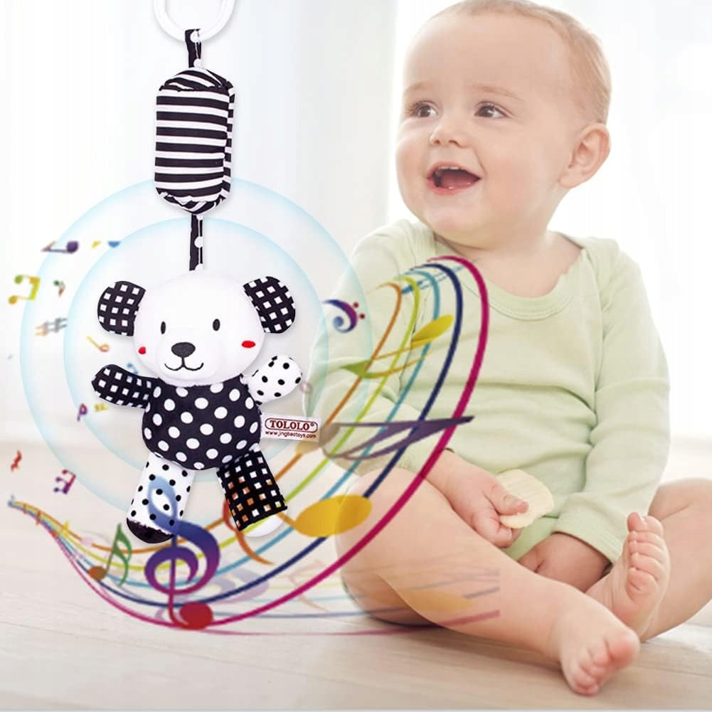 Schwarz-weiße sensorische Babyrassel Bär mit Aufhängung – Foto 4