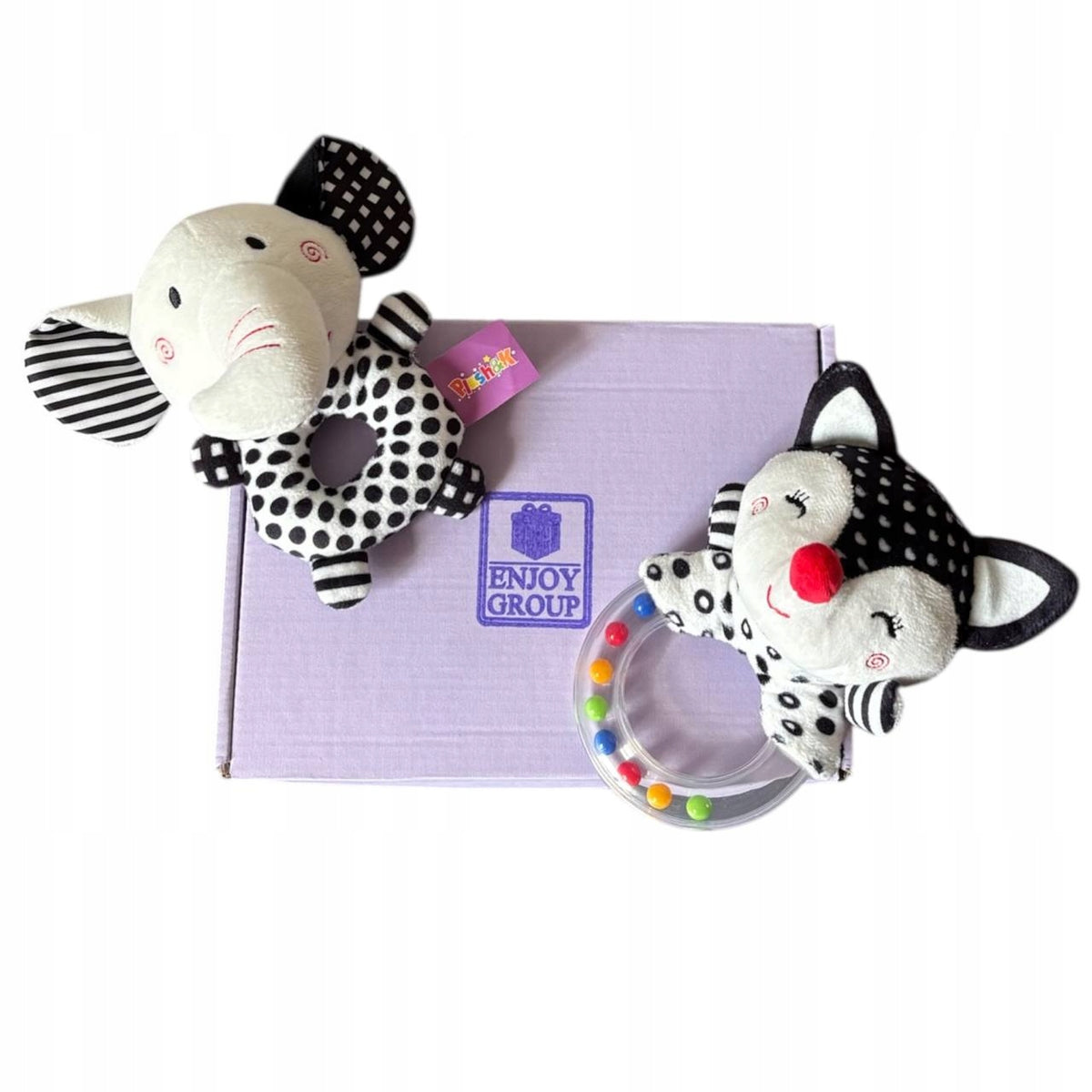 Set of two high-contrast rattles, elephant and little fox, in a box
