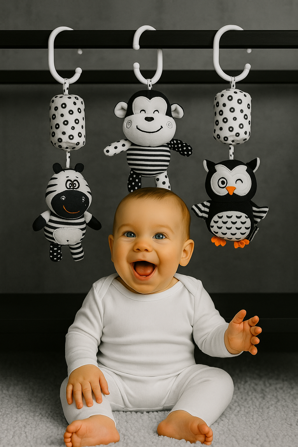 Black-and-white educational owl stroller toy with rattle – photo 3