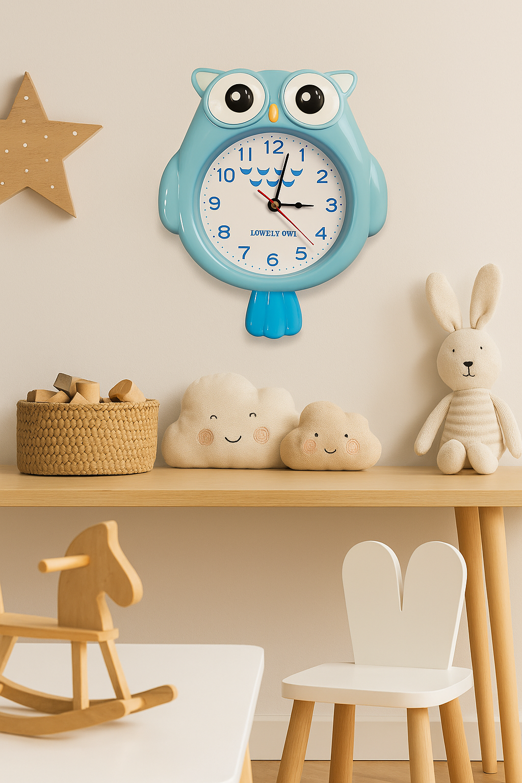 Blaue Wanduhr in Eulenform für das Kinderzimmer – Foto 2