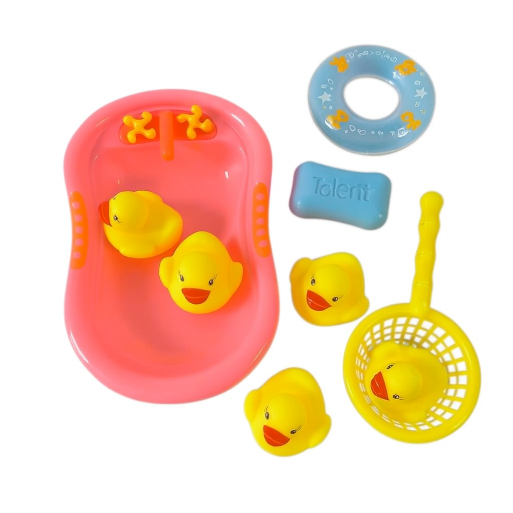 Bath toy set with colourful ducks, a little tub and a net – photo 2