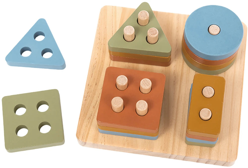 Drewniana tablica do sortowania kształtów (Montessori), 12 m+, 17 elementów