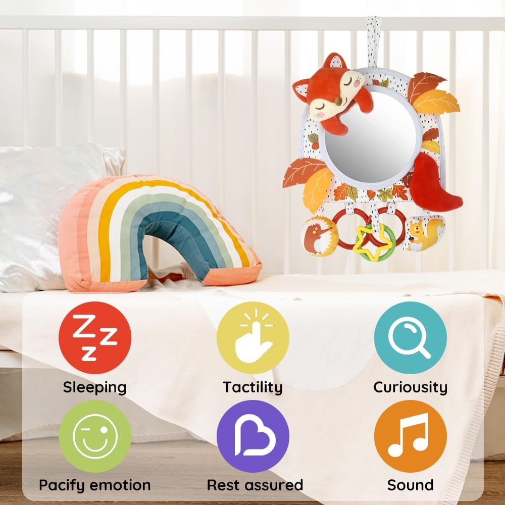 Zawieszka Sensoryczna z Lusterkiem Lisek Montessori do Wózka i Łóżeczka 0+