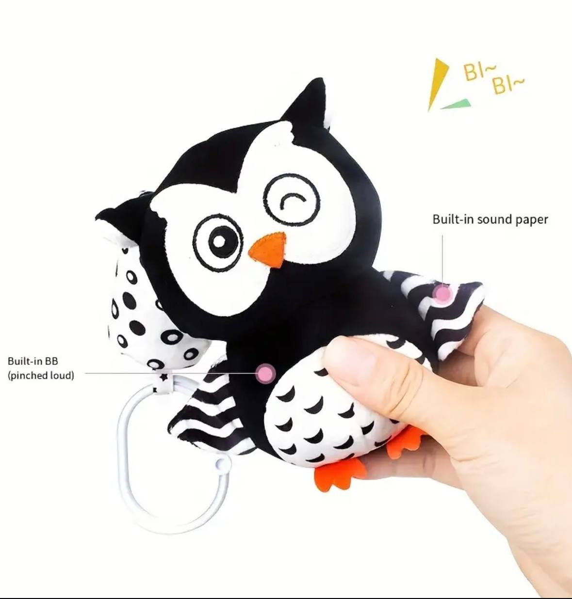 Black-and-white educational owl stroller toy with rattle – photo 4