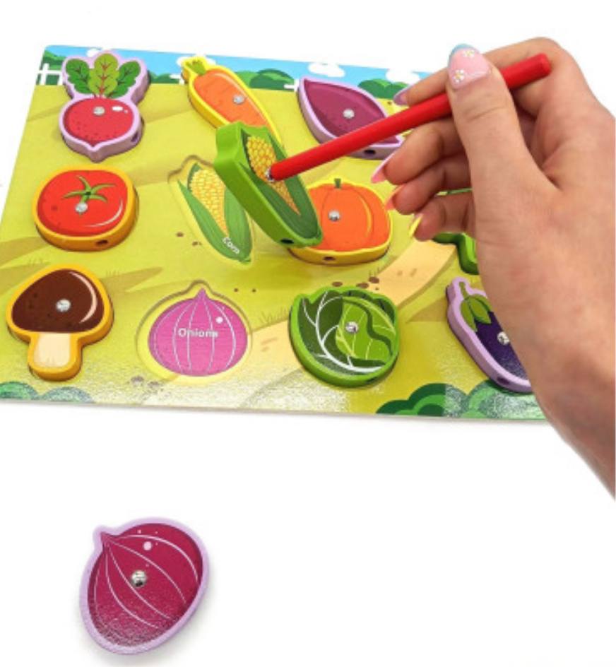 Wooden puzzle with colourful vegetables that a child picks up with a red magnetic stick