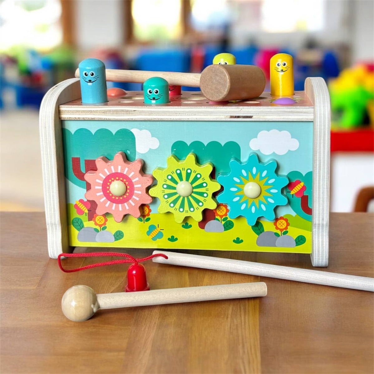 Holz-Lernspielzeug 3-in-1 mit Zahnrädern, Hammer und Angel – Foto 5