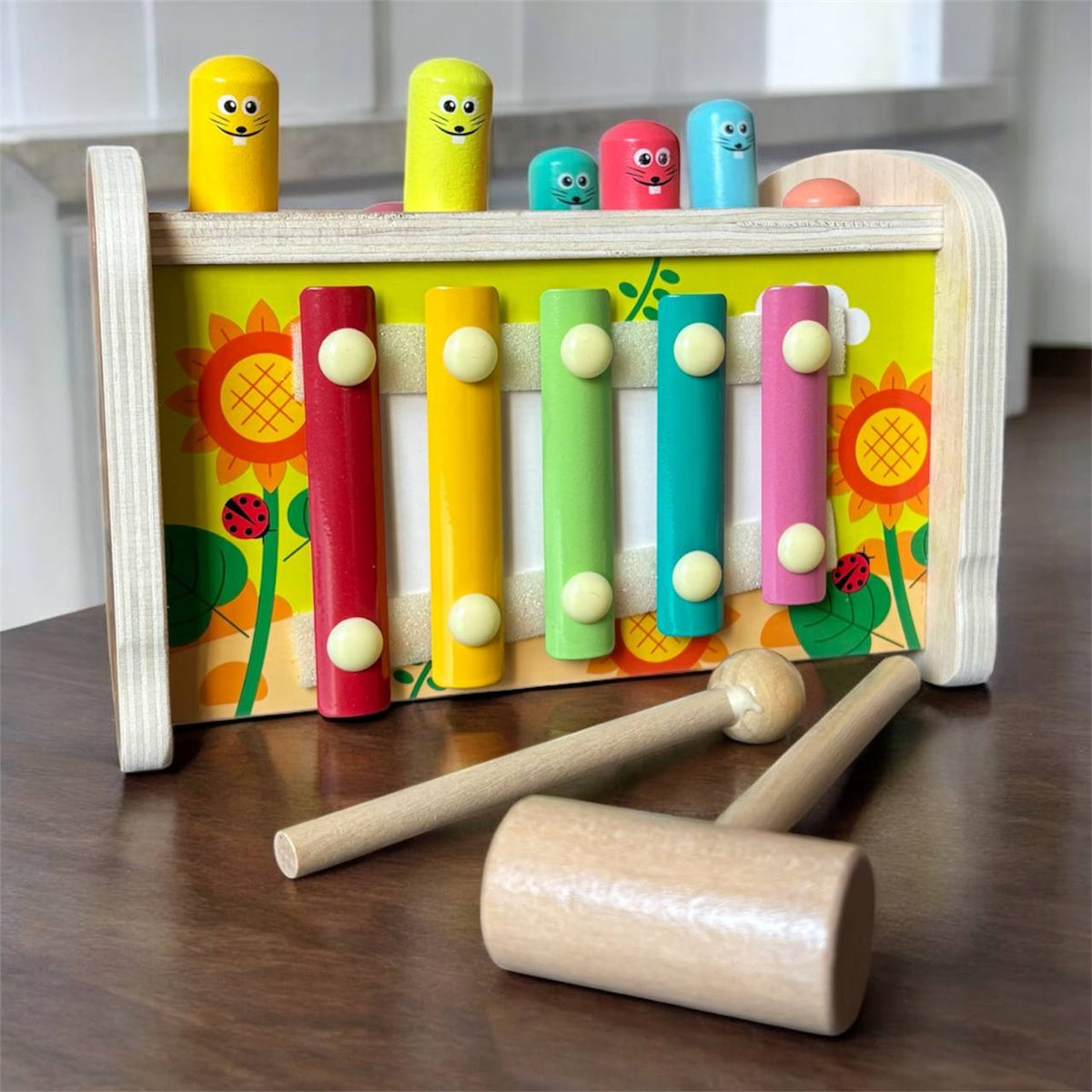 Holz-Lernspielzeug 3-in-1 mit Zahnrädern, Hammer und Angel