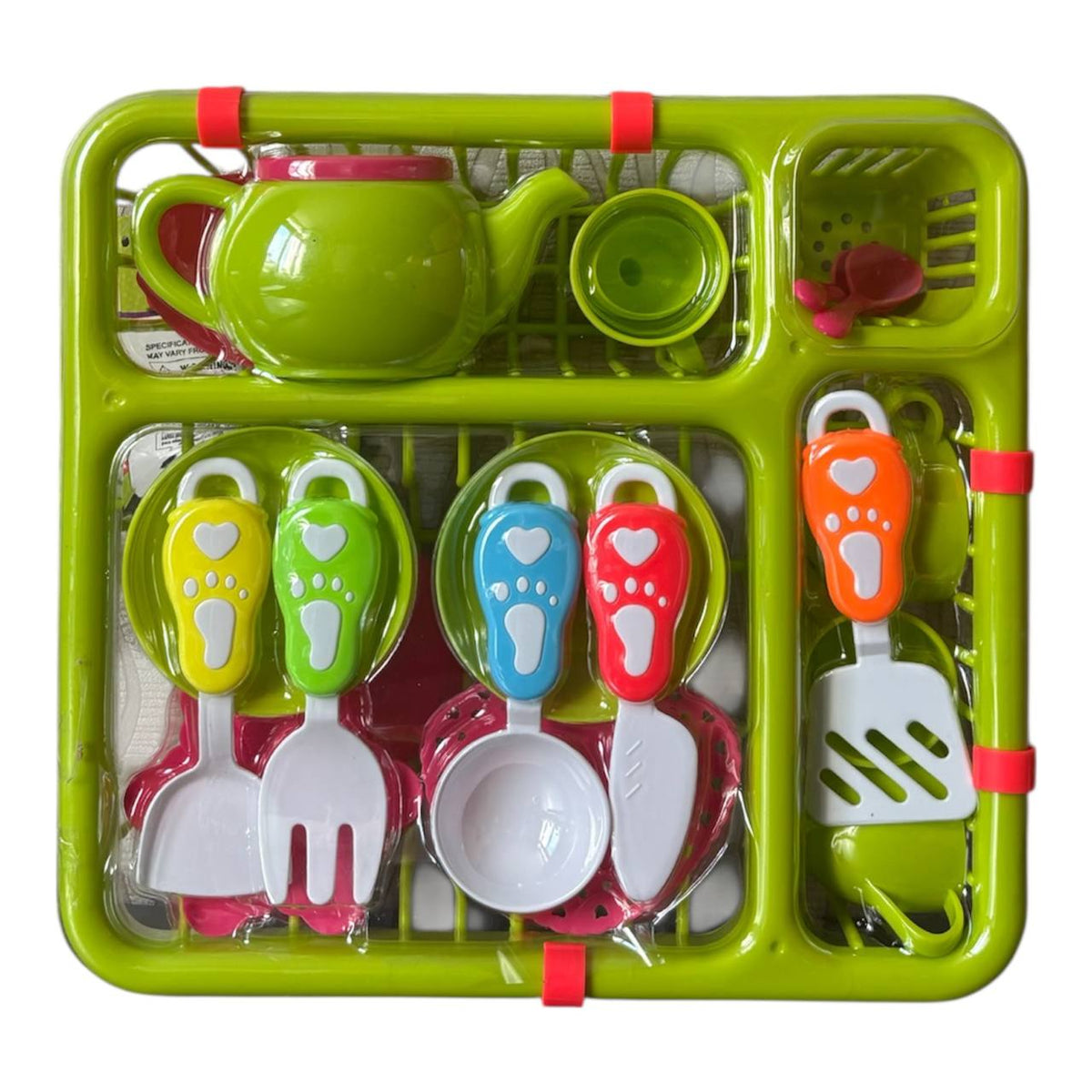 Green and pink 19-piece play kitchen set for children