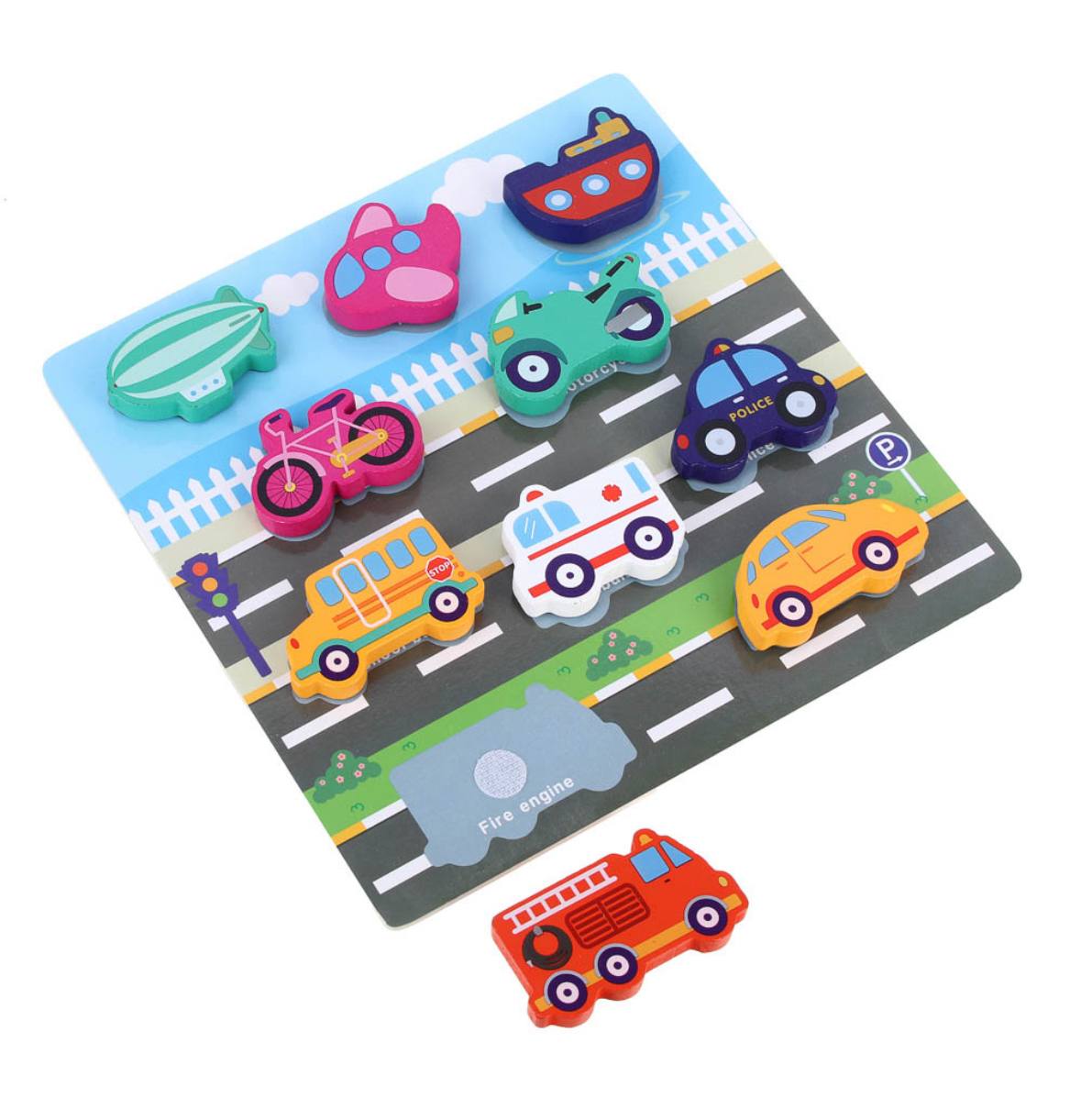 Wooden vehicles puzzle – 10 colourful pieces
