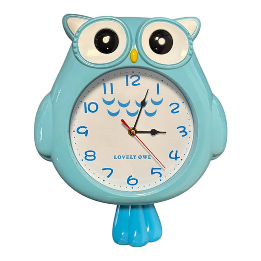 Blue owl-shaped wall clock for a child's room